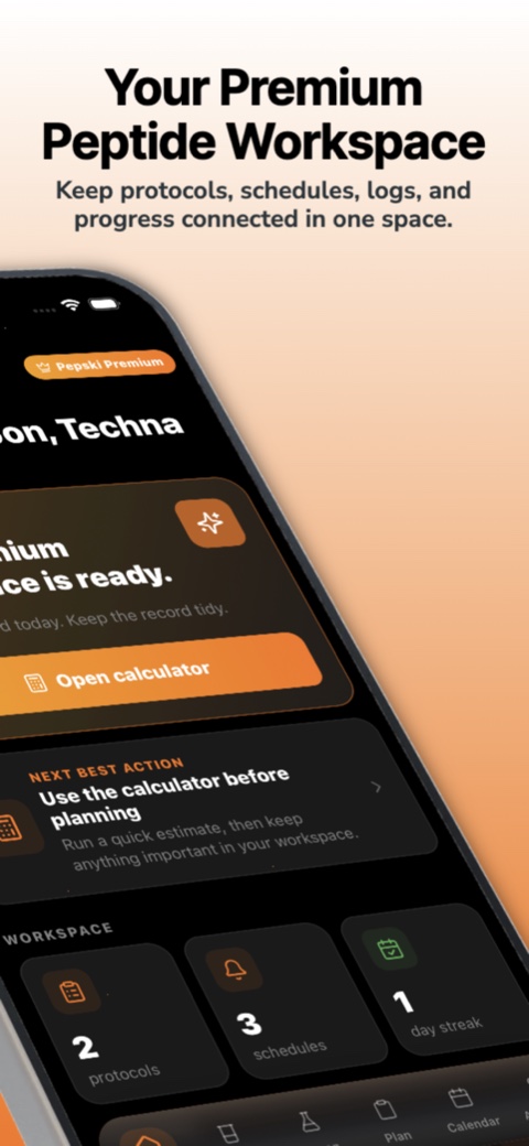 Pepski private peptide workspace with calculators, protocol logs, schedules, and progress screenshot