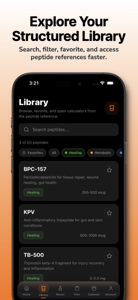Pepski structured peptide library with BPC-157 KPV TB-500 search and favorites screenshot