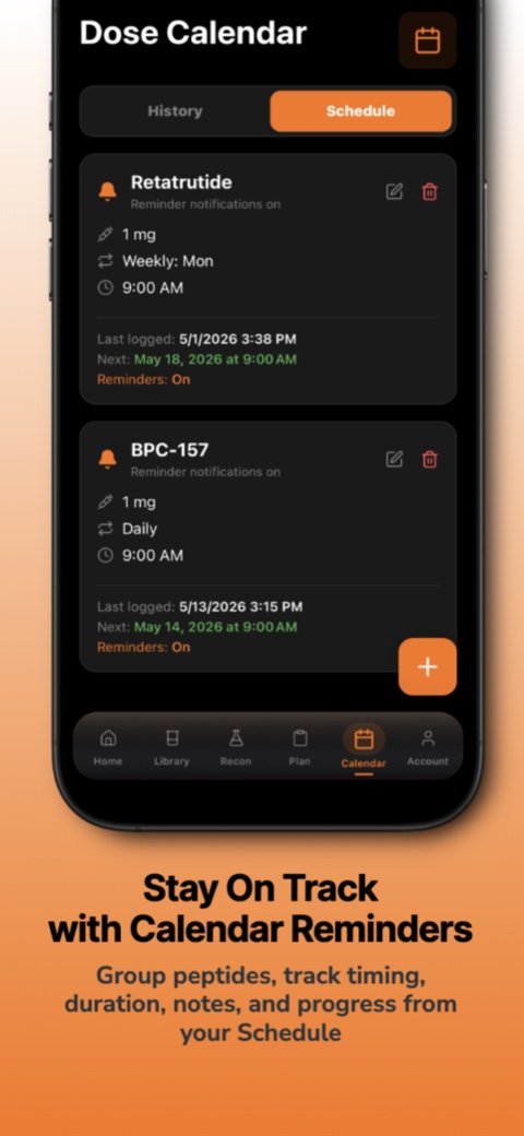 Pepski dose calendar reminders with scheduled GLP-1 and peptide entries screenshot